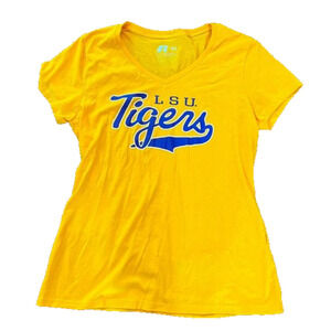 RUSSELL ATHLETIC Women’s LSU Tigers V-Neck Game Day Shirt Yellow Purple football